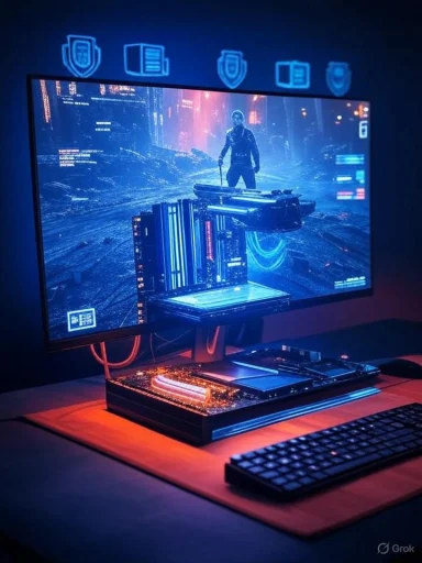 A neon-lit gaming setup with a futuristic digital display featuring a cyborg figure in a sci-fi cityscape.