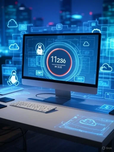 A computer monitor displays futuristic data and graphics related to cloud computing and technology.