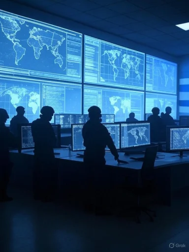 Military personnel monitor multiple screens displaying world maps and data in a high-tech command center.