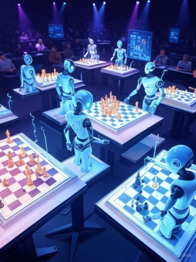 Humanoid robots play chess on illuminated tables in a futuristic, technologically advanced setting.