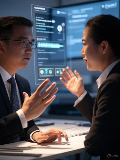 Two professionals engaged in a serious discussion in front of a digital interface displaying data and analytics.