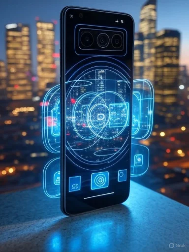 A smartphone with digital interface graphics overlayed, set against a cityscape at dusk.