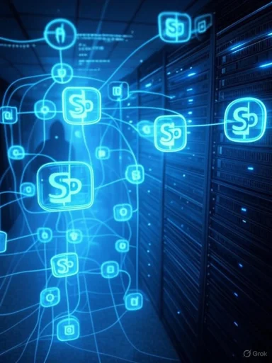 Digital network of interconnected icons and servers representing data flow and cloud services.