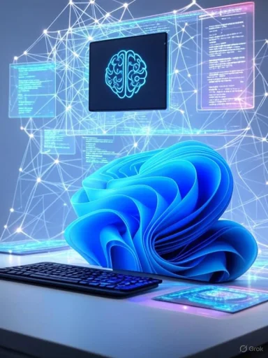 A digital setup with a focus on artificial intelligence and neural networks displayed on multiple screens and holograms.