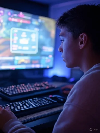A young man focused on gaming on his computer in a dimly lit room.