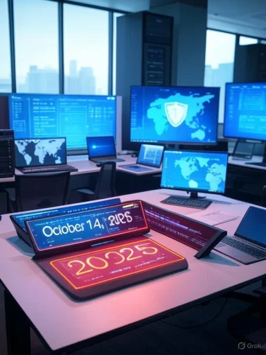 Multiple digital screens display world maps, security graphics, and the dates October 14, 2025, inside a high-tech control room.