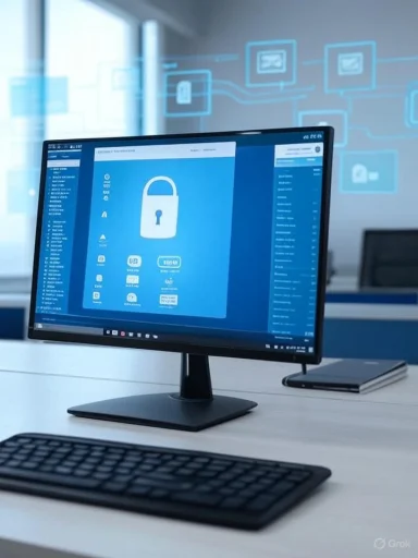 A computer monitor displaying a digital lock interface in a modern office setting.