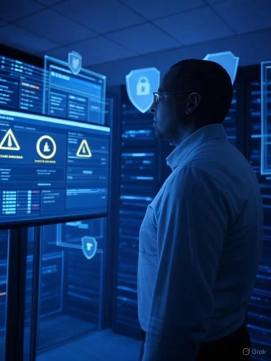 A cybersecurity professional monitors multiple screens with security alerts and locks, emphasizing data protection.