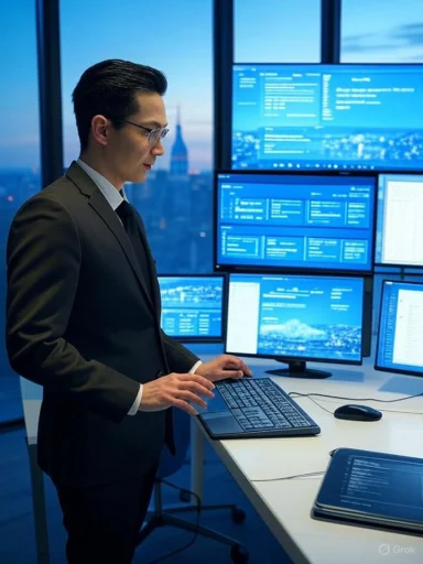A businessman monitoring multiple computer screens displaying data in a modern office with cityscape view.