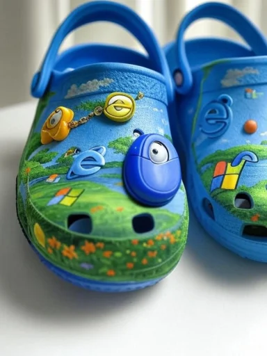 Colorful children's clogs decorated with Windows Explorer logo-themed designs and character charms.