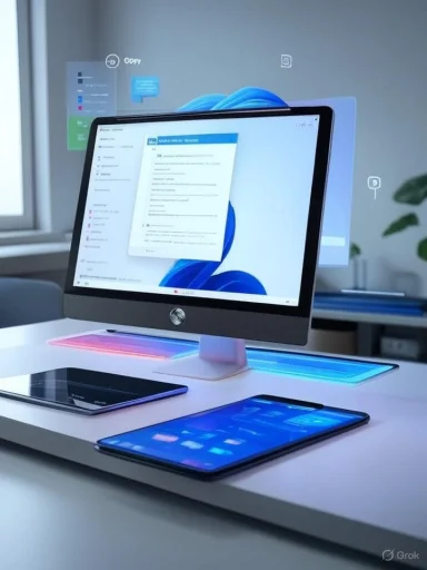 A white desk with a computer monitor and two tablets, displaying digital interface elements and floating augmented reality icons.