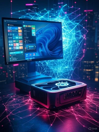 A futuristic computer setup with a holographic display and glowing network connections in a digital cityscape.