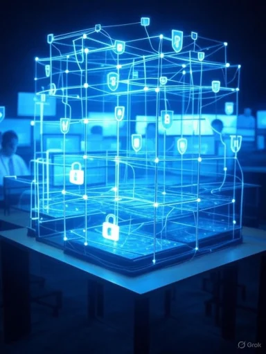 A digital 3D network model with security shield icons and padlocks, representing cybersecurity or data protection concepts.