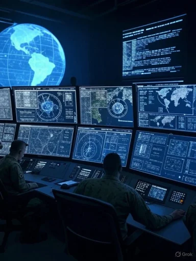 Military personnel monitor global data on multiple screens in a high-tech operations room.