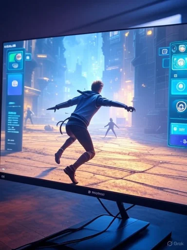 A person appears to be running on a futuristic cityscape displayed on a large digital screen.