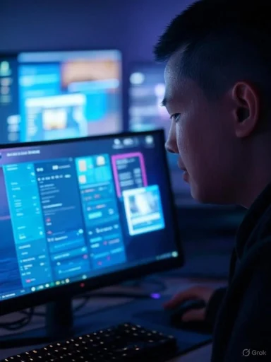 A person working on a computer with a cyber-themed, blue-lit interface at a dimly lit desk.