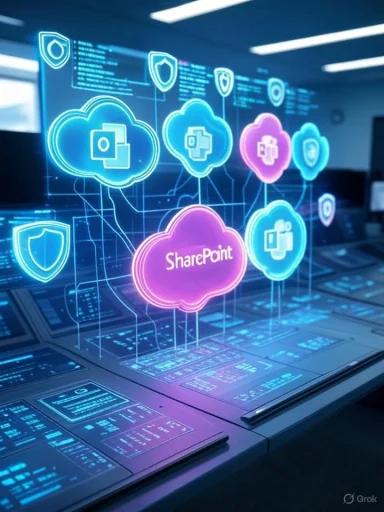 Digital representation of SharePoint cloud integration with security icons and data dashboards.