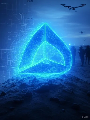 A glowing blue Tesla logo with electric arcs, over a rocky terrain, with silhouettes of people and drones in the background.