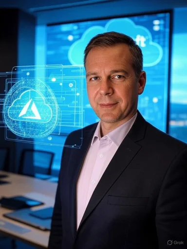 A man in a suit stands in a high-tech environment with holographic cloud security icons and digital data displays in the background.