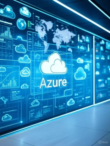 A digital display showcases Azure cloud services with various graphics, charts, and a world map in a high-tech environment.