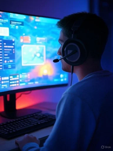 Young man with a headset playing a game on a large monitor in a dark room with colorful lighting.