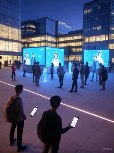 People interact with holographic and digital displays outdoors at night, in front of modern glass buildings.