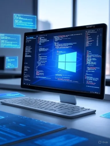 A computer monitor displays coding and software development in a high-tech office environment. A computer monitor displays coding and software development in a high-tech office environment.