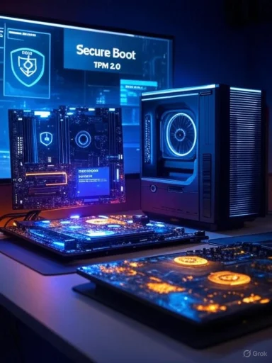 Advanced gaming or secure computer setup with illuminated components and a 'Secure Boot' display.