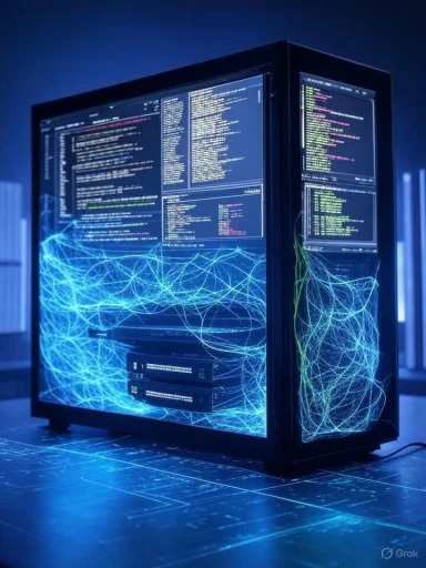 A secure server with glowing, interconnected network lines and multiple code screens on a dark background.
