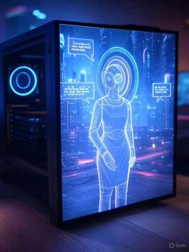 A holographic female figure with speech bubbles appears on a futuristic digital display, set against a cityscape background.
