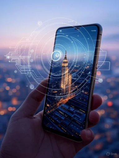 A smartphone captures a cityscape with the Empire State Building, enhanced by futuristic digital graphics overlay.