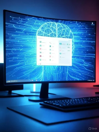 A computer monitor displays a digital illustration of a brain with neon blue neural pathways, set in a high-tech workspace.