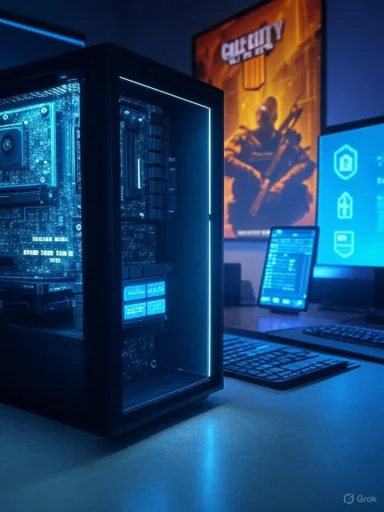 A high-tech gaming or hacking setup featuring a glowing blue computer tower, multiple screens, and a promotional poster in the background.
