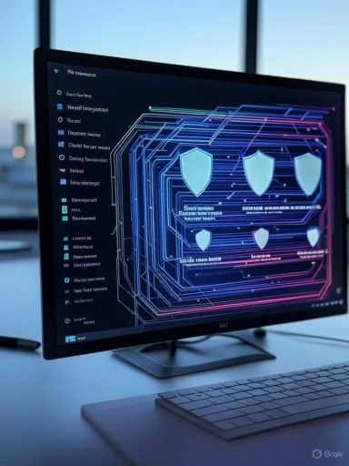 A computer monitor displays a digital security interface with shield icons and data lines on a modern, sleek desk.