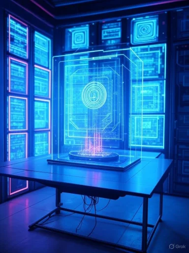 A futuristic holographic display featuring a glowing blue digital interface on a transparent screen in a high-tech room.