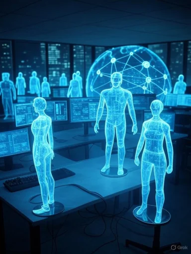 Digital holographic human models and data screens in a high-tech control room environment.