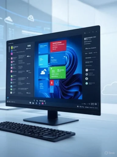 A computer monitor displays a Windows desktop with multiple app tiles and a sidebar, on a white desk with a keyboard.