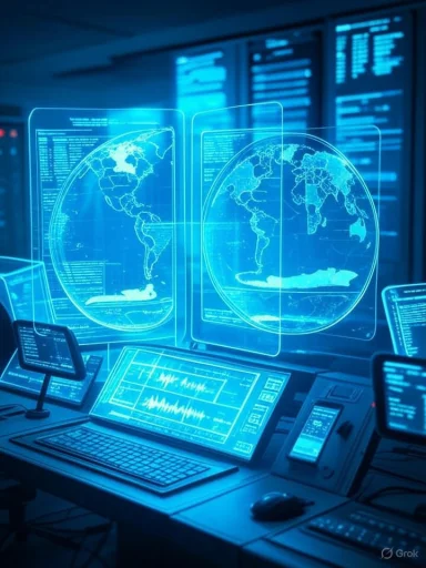 A futuristic control room displays holographic world maps and data analyzed on multiple digital screens.