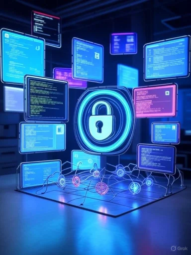 Digital security concept with neon padlock and floating data screens representing cybersecurity.