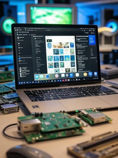 A laptop displaying a photo management interface, surrounded by electronic circuits and components on a desk.