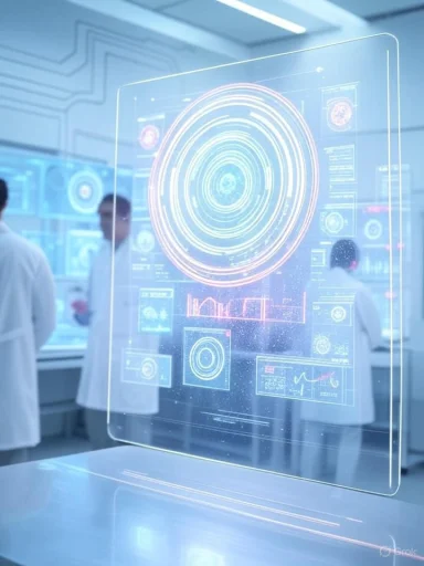 A transparent digital HUD display with futuristic interface elements in a high-tech laboratory with scientists in the background.