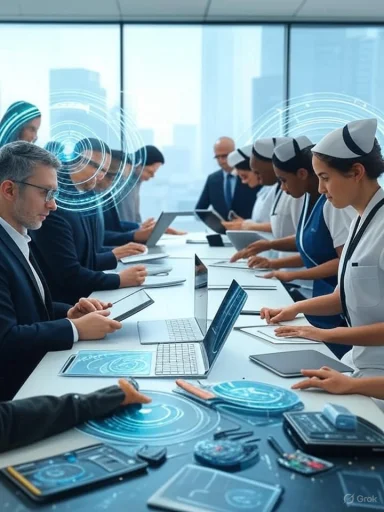 Medical professionals and business people are in a high-tech meeting in a modern office.