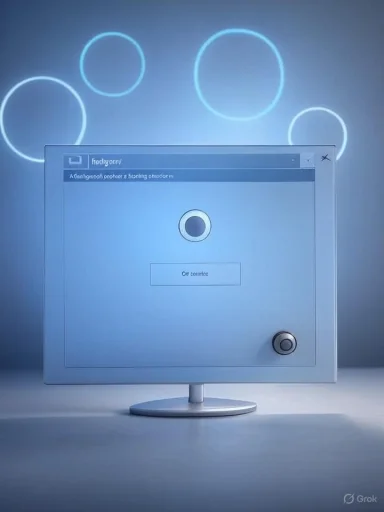 A computer screen displays a facial recognition login interface with a 'Or continue' option, set against a blue background with glowing circles.