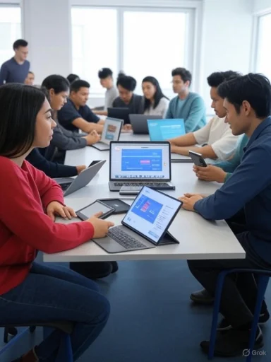 A diverse group of professionals attending a virtual meeting with laptops and tablets in a bright conference room.