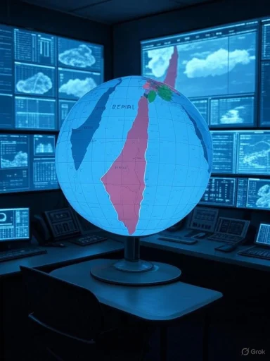A globe showing Israel and Palestine, surrounded by multiple screens displaying weather data and cloud imagery.