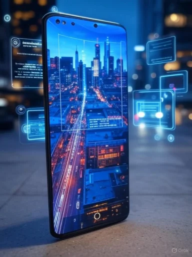 A futuristic smartphone displays a cityscape with digital overlays and holographic interface elements at night.