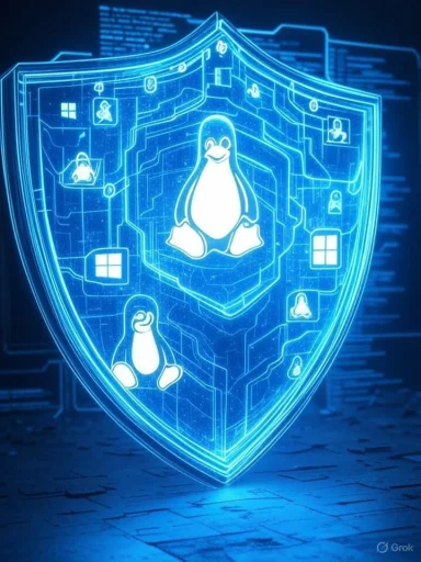 A digital shield featuring Linux penguins, symbolizing cybersecurity and open-source technology.