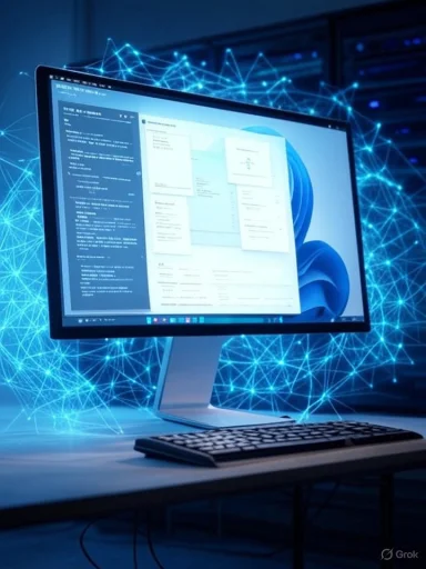 A computer monitor displays technical documents with a digital network overlay in a high-tech environment.