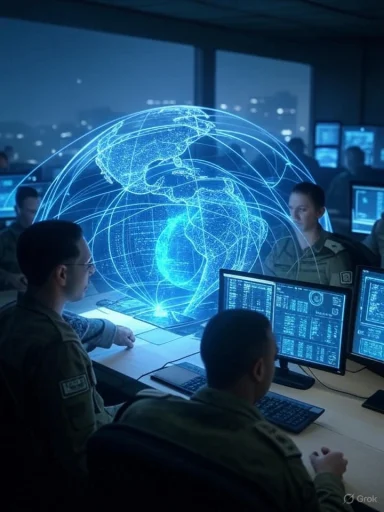 Military personnel monitor global digital connections via holographic globe and multiple computer screens.