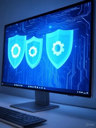 Computer screen displays security shields with gear icons, symbolizing cybersecurity or data protection.